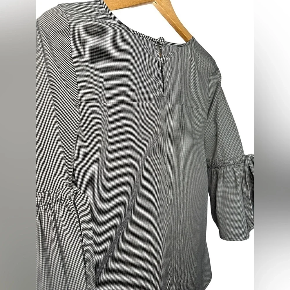 1. J Crew XXS Gingham plaid 3/4 bell flare sleeves slits bow keyhole in back - Picture 6 of 14